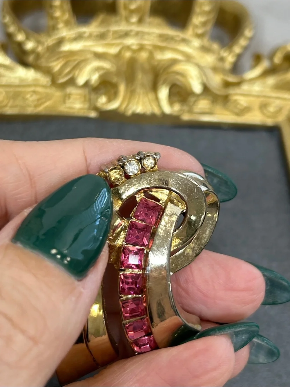Vintage Coro Gold-Tone Ribbon Brooch with Pink Stones and Clear Accents